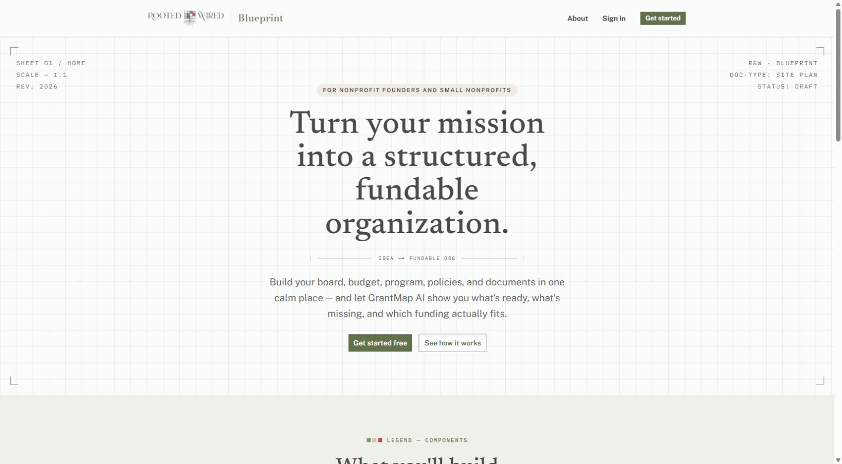 Rooted and Wired Blueprint beta homepage showing its structured nonprofit platform