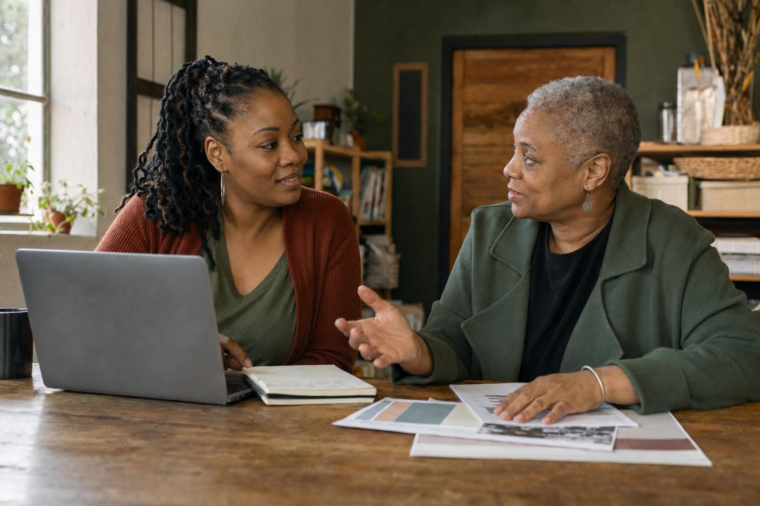 A nonprofit founder and advisor working together at a community workspace
