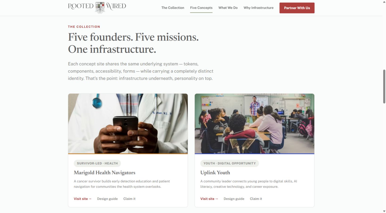 Gallery preview of nonprofit website starting points in the Rooted and Wired demo library