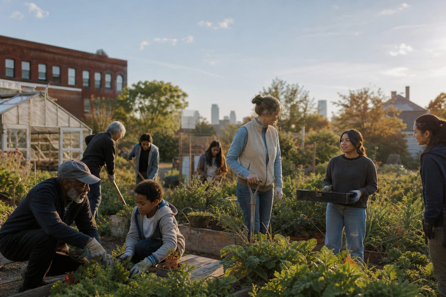 Community members collaborating in a garden