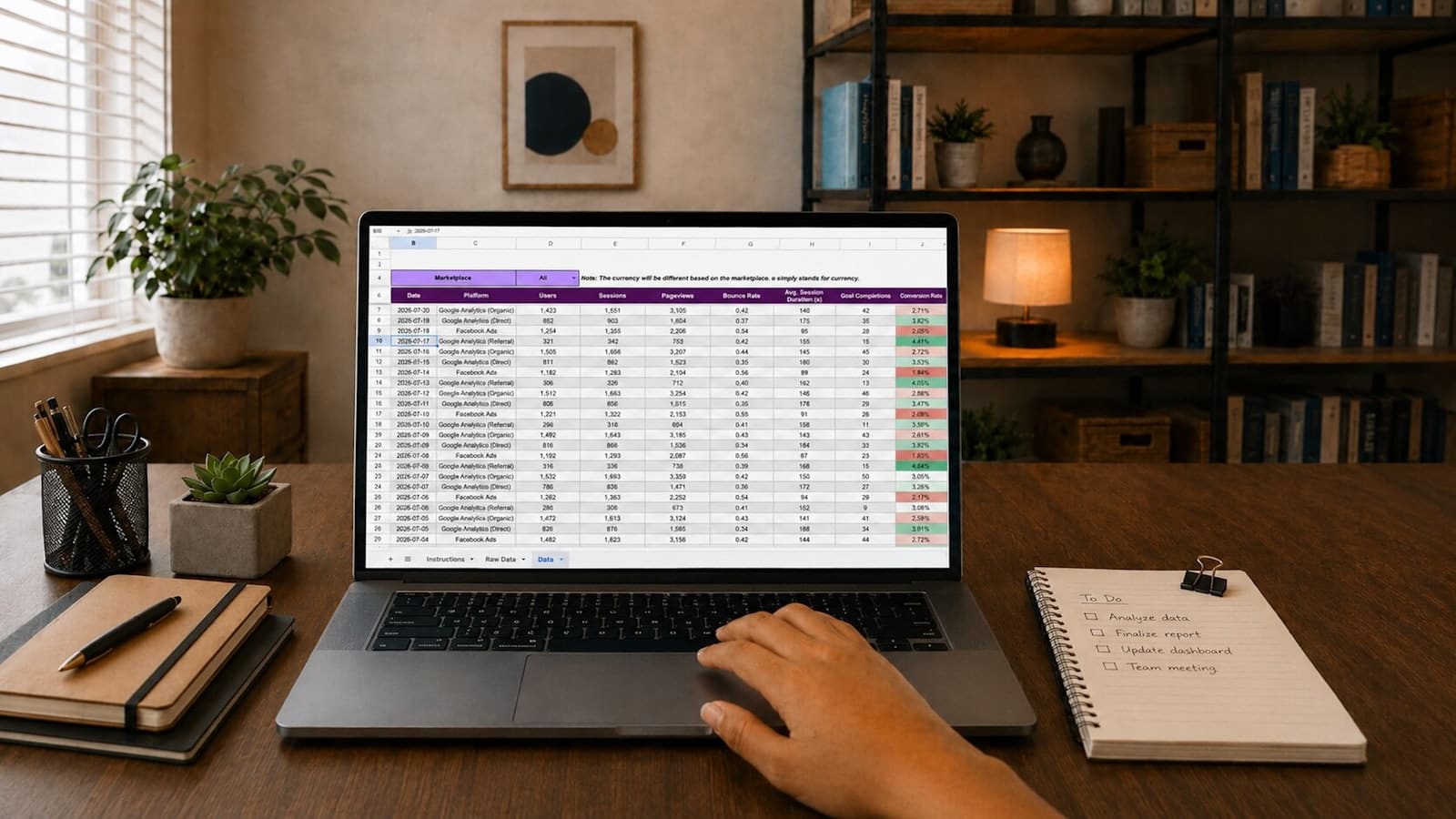 A laptop, notebook, and organized work materials on a desk